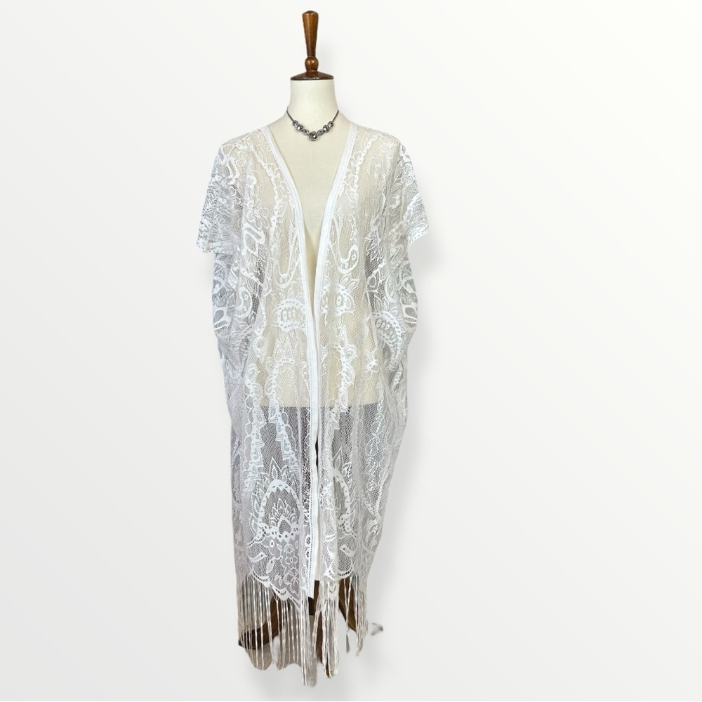 CG Couture Gems Lace Kimono Beige Coverup Short Sleeve Long Open Front Fringed